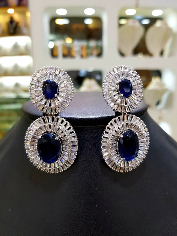 Blue Sapphire Cz Diamond Chandelier Earrings Indian Jewelry