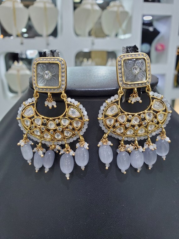 Kundan Polki Grey Beads Jadau Silver Jhumka Chandbali Earrings
