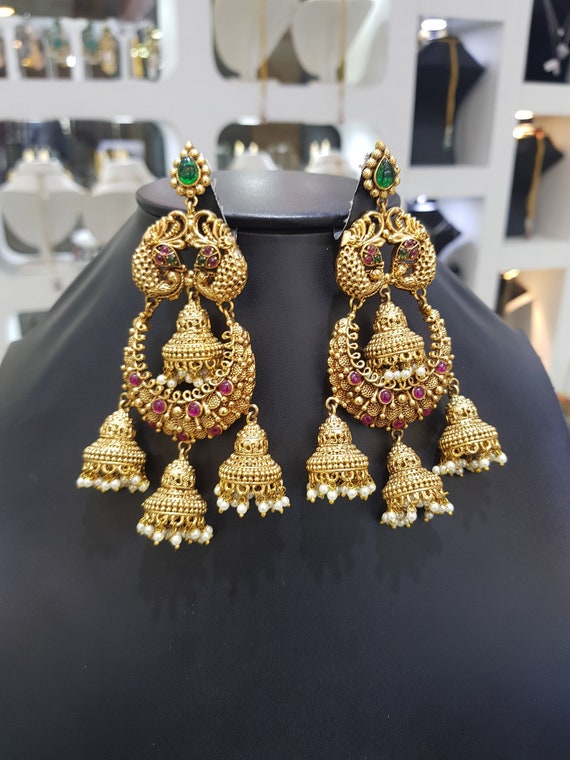 Gold Polished,With Attached Golden Balls,Flower Design Jumka Earrings For  Bharatanatyam Dance And Temple Buy Online