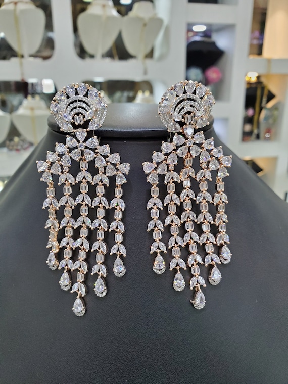 long Brass Designer American diamond CZ stone Jewelry party wear earrings  at Rs 400/pair in New Delhi