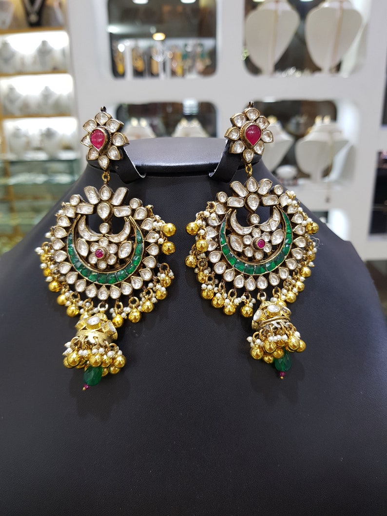 Sabyasachi Vintage Emerald Kundan Polki Jadau Silver Chandbali Earrings,Sabyasachi jewelry,Kundan Earrings,Polki Earrings,Jadau Chandbali