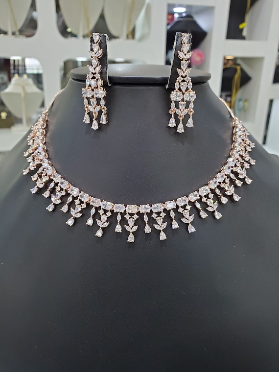 KhwaishJewellery Pink Stones Diamond CZ Choker Necklace/Earrings and Tikka,Bridal CZ Jewelry,Cubic Zirconia necklace,CZ Choker,Diamond Jewelry, Wedding Set