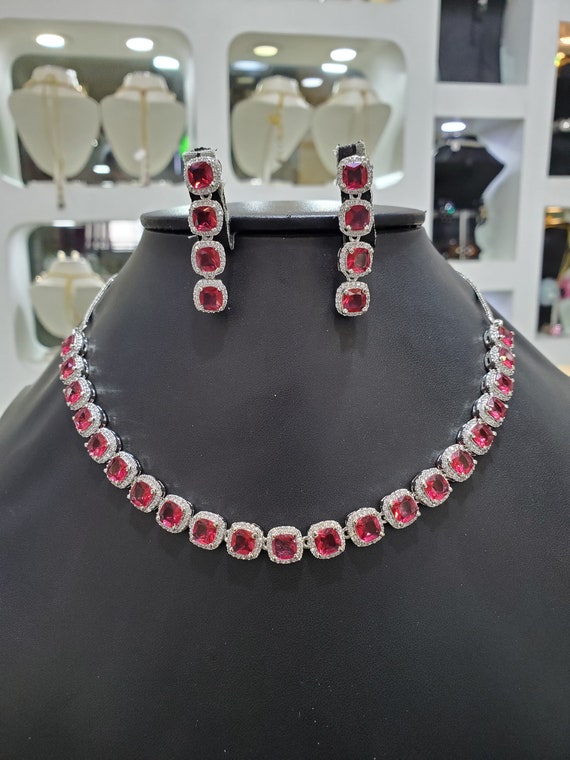 Silver Ruby Cz Choker Necklace cubic Zirconia Ruby Necklace