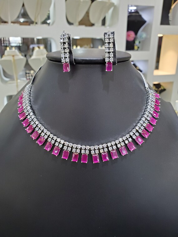 Silver Ruby Cz Choker Necklace cubic Zirconia Ruby Necklace