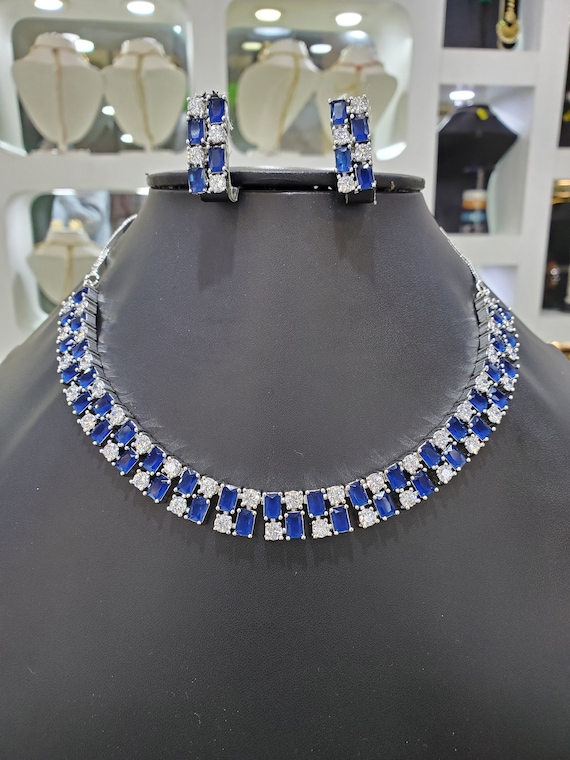 Blue Sapphire Cz Choker Necklace cubic Zirconia Blue Necklace