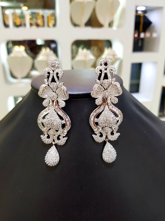 American Diamond Silver Plated Beautiful Earrings With Maangtikka