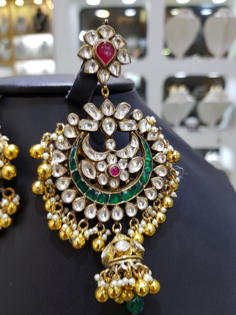 Sabyasachi Vintage Emerald Kundan Polki Jadau Silver Chandbali Earrings,Sabyasachi jewelry,Kundan Earrings,Polki Earrings,Jadau Chandbali
