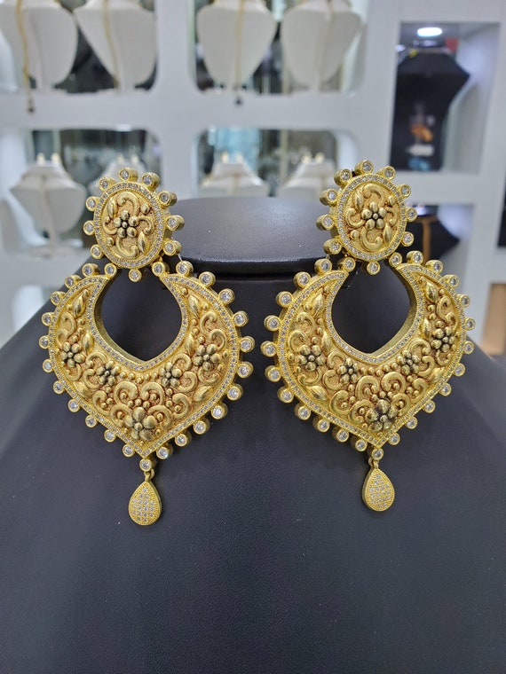 Antique Gold Plated Diamond Chandbali Earrings Indian Jewelry