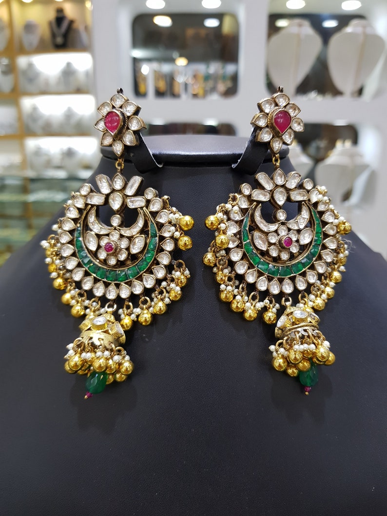 Sabyasachi Vintage Emerald Kundan Polki Jadau Silver Chandbali Earrings,Sabyasachi jewelry,Kundan Earrings,Polki Earrings,Jadau Chandbali