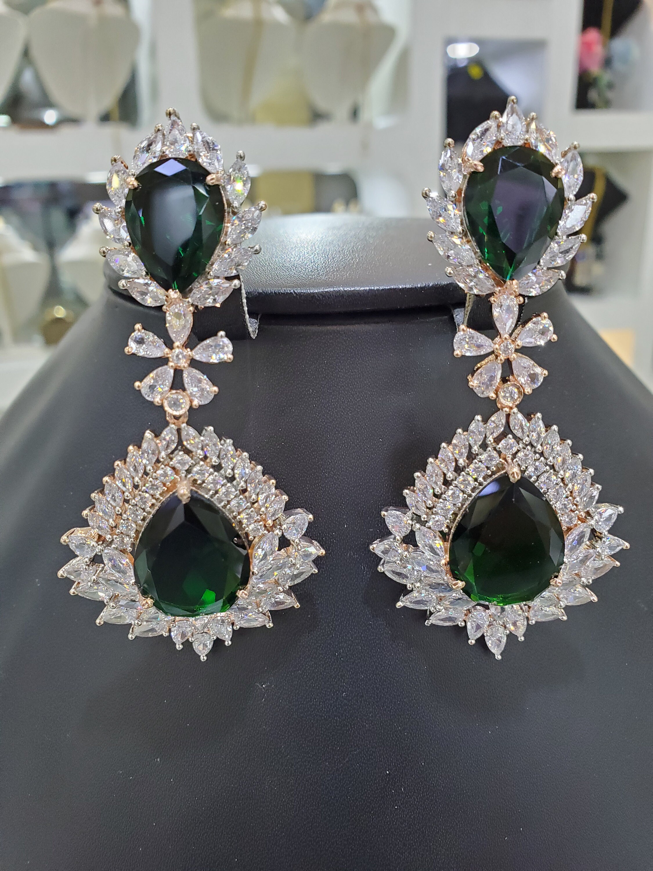 Indian Silver Plated Bollywood AD CZ Emerald Necklace Earrings Jewelry Set