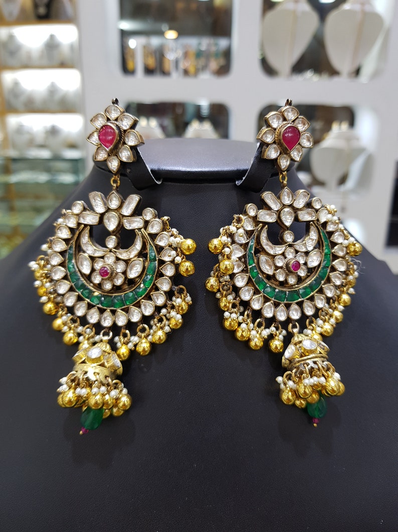 Sabyasachi Vintage Emerald Kundan Polki Jadau Silver Chandbali Earrings,Sabyasachi jewelry,Kundan Earrings,Polki Earrings,Jadau Chandbali