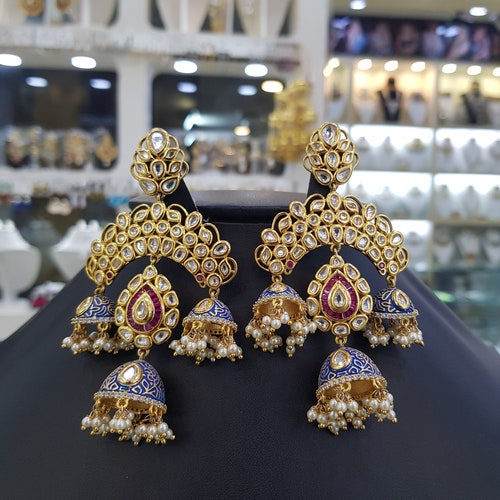 Kundan Polki Silver Jhumka Earrings ,Sabyasachi shops jewelry,Kundan Earrings,Polki Earrings ,Blue meena Gold Jhumka,Meenakari jewelry