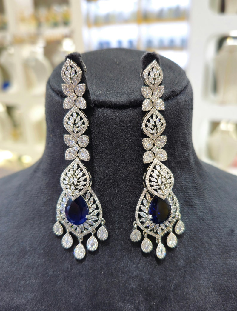 Elegant Blue Sapphire Diamond Chandelier Earrings, Indian Jewelry ...