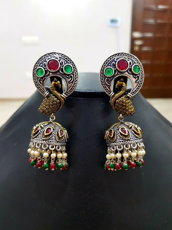Peacock Red Green Victorian Vintage Jhumka Earrings Indian Jewelry Indian earrings Victorian Jewelry Sabyasachi jewelry Vintage jewelry