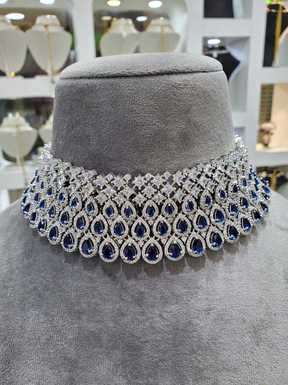 Blue Sapphire Diamond Look Necklace Set - Zakarto