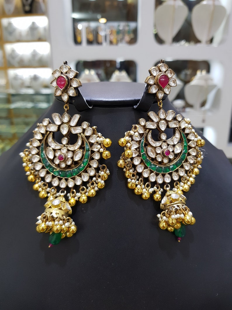 Sabyasachi Vintage Emerald Kundan Polki Jadau Silver Chandbali Earrings,Sabyasachi jewelry,Kundan Earrings,Polki Earrings,Jadau Chandbali