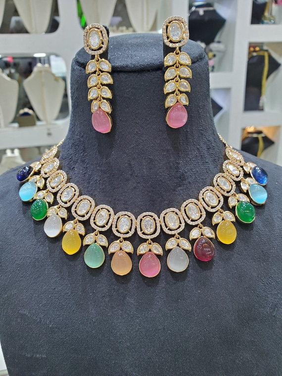 Navratna Uncut Kundan Polki Multi Color Choker Necklace and Earrings Sabyasachi jewelry Indian Jewelry Bridal Wedding Jewelry Kundan jewelry