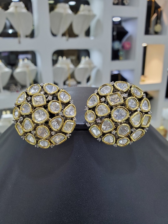 Amritsari Jadau Chandbali Earrings in Silver with Gold Plating ER 049