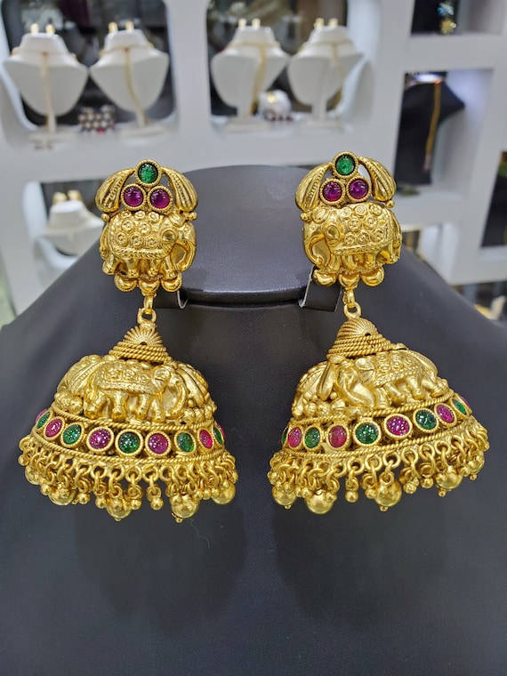 22k yellow gold plated turquoise gemstone beaded indian jhumka earrings