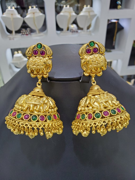 22k yellow gold plated turquoise gemstone beaded indian jhumka earrings