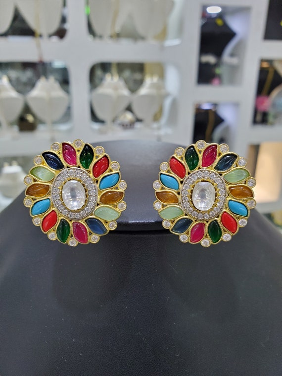 Sabyasachi Navaratna Uncut Kundan Polki Multicolor Studs Earrings,sabyasachi  Jewelry,kundan Earrings,polki Earrings,kundan Jewelry,bridal - Etsy