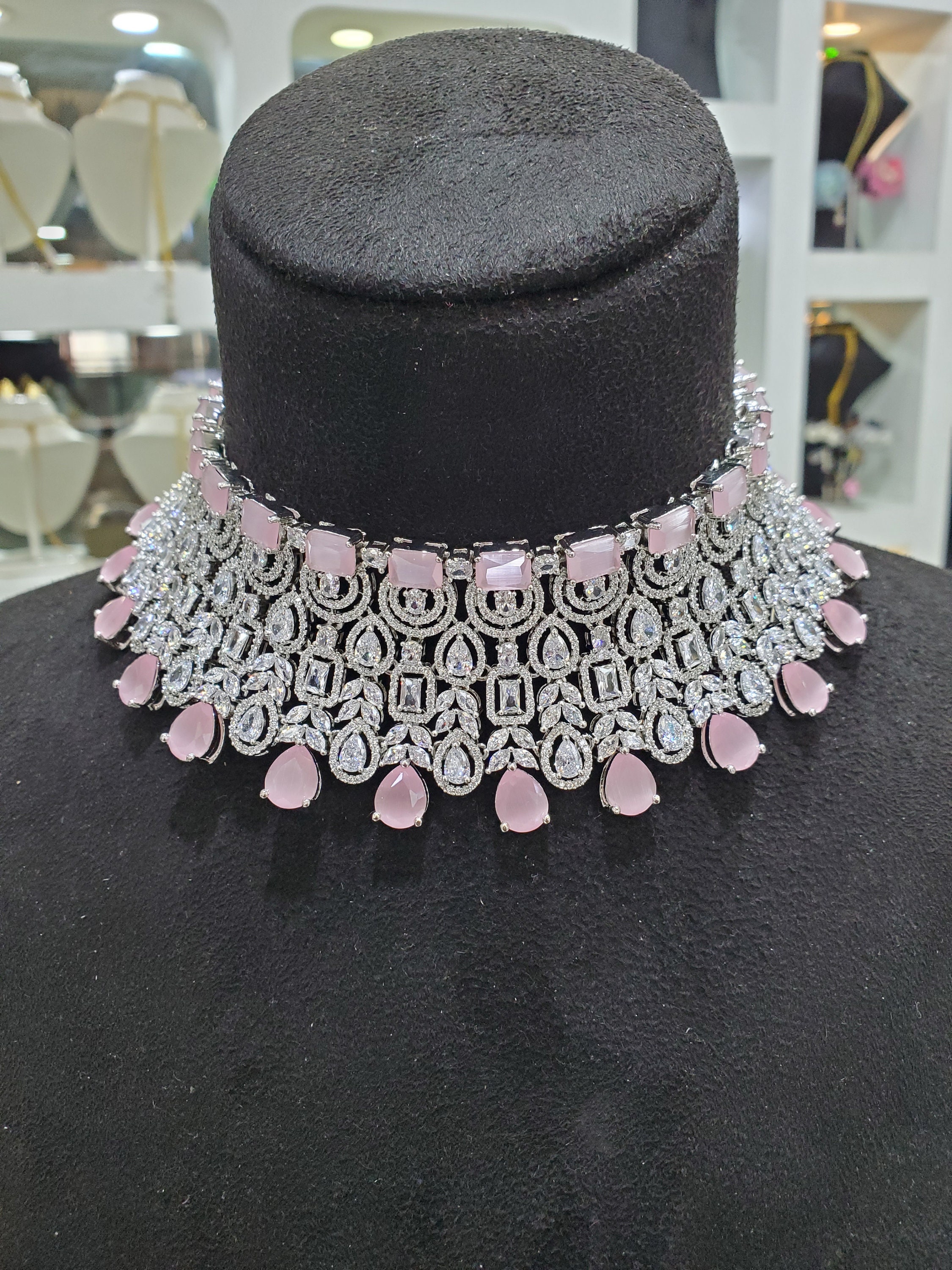 KhwaishJewellery Pink Stones Diamond CZ Choker Necklace/Earrings and Tikka,Bridal CZ Jewelry,Cubic Zirconia necklace,CZ Choker,Diamond Jewelry, Wedding Set