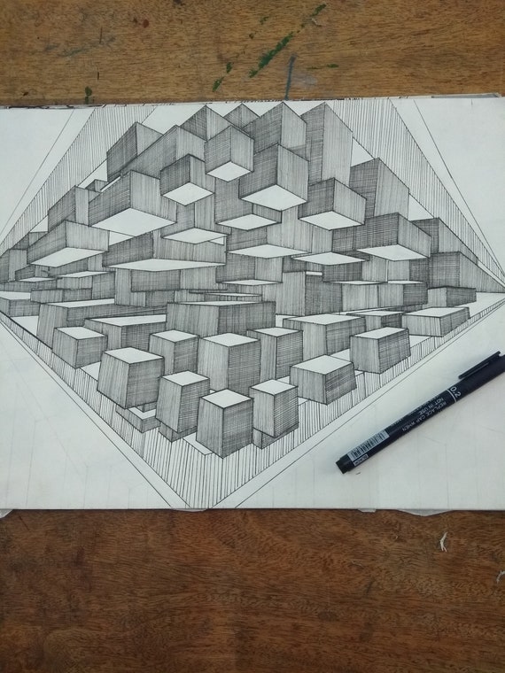 Two Point Perspective Charcoal Pencil Sketch 3d Painting