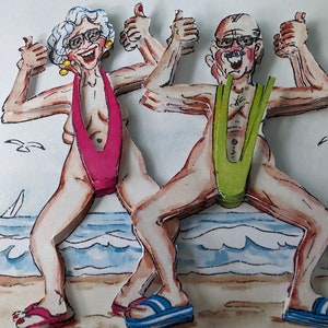 May include: A humorous illustration of a couple in their swimwear, standing on a beach with their thumbs up. The woman is wearing a pink swimsuit and the man is wearing a green swimsuit. The background is a watercolour painting of a beach scene.