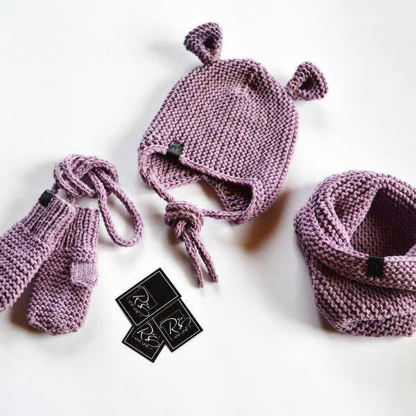 Baby Winter Mütze - Merino Wolle Set für Kinder - Kinder Handschuhe und Schal - Baby Winter Set - Kleinkind Mütze und Fäustlinge - Bär Mütze