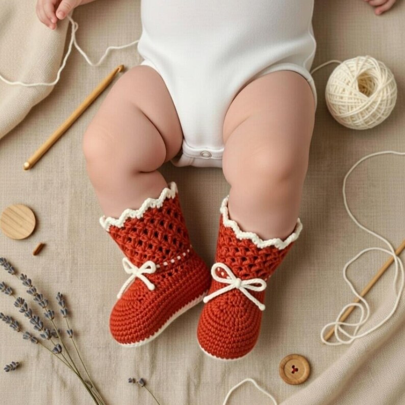 Pair of handmade crochet baby slippers displayed together for a baby footwear pattern.