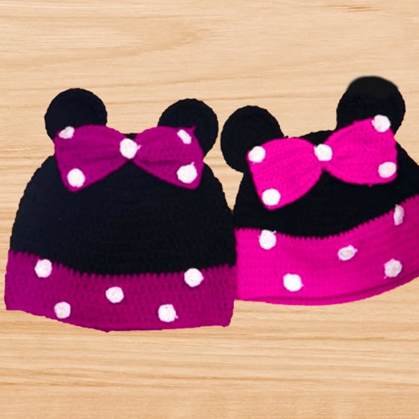 Mickey & Minnie Mouse Hat, Crochet Hat Pattern, Baby Beanie Pattern, pom pom hat pattern, modern hat pattern, winter bobble hat pattern