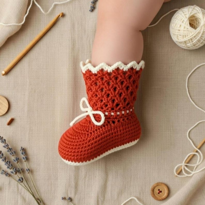 Side view of crochet baby boots showing the shape and ankle section of the finished booties.