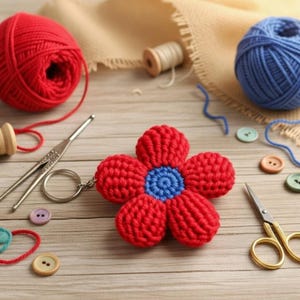 Crochet 3D Flower Keychain Pattern PDF + Video Tutorial, Crochet Flower Keyring, Easy Keychain Pattern