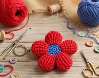 Crochet 3D Flower Keychain Pattern PDF + Video Tutorial, Crochet Flower Keyring, Easy Keychain Pattern