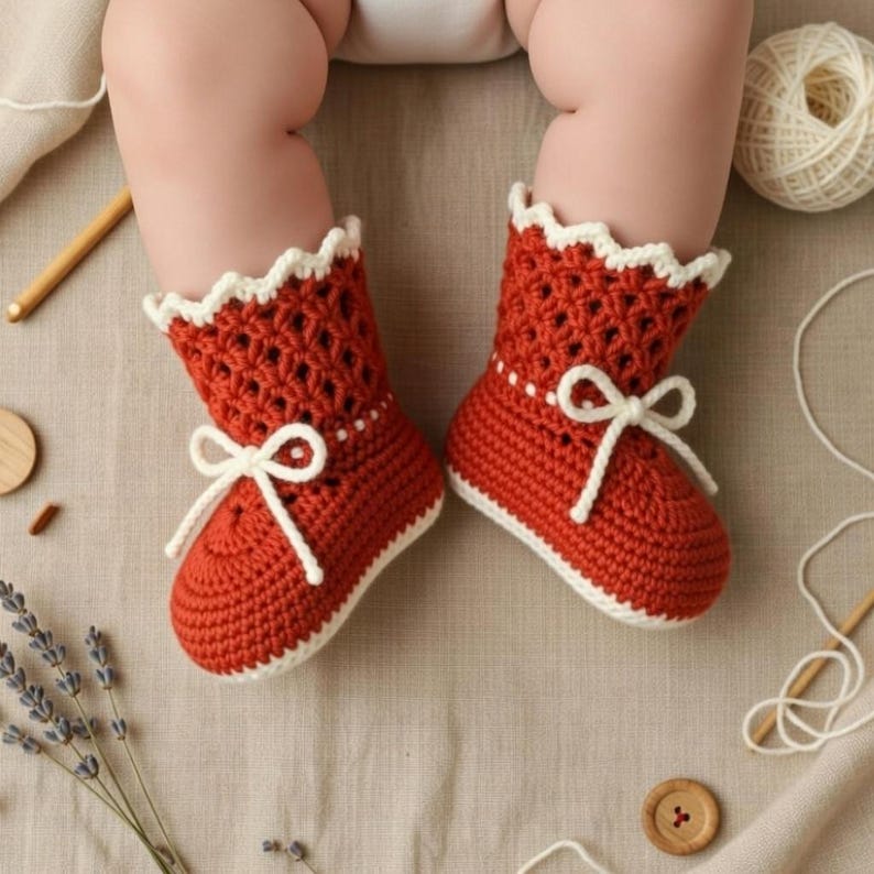 Crochet baby boot sole measuring approximately 10 cm for a 9 to 12 month baby size.