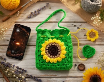 Crochet Sunflower Phone Bag Pattern: Boho Mobile Purse (PDF)