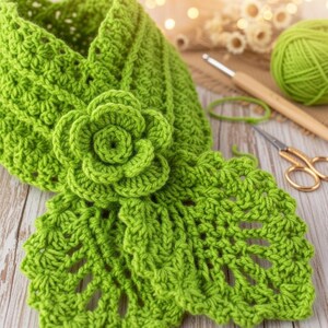 Front view of a handmade crochet fringe scarf made with DK wool yarn