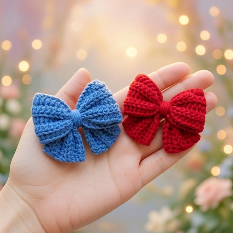 May include: A bright blue, crocheted bow. The bow is made of a textured yarn, with a classic bow shape. The bow is centered on a light brown wooden surface. The bow is a solid colour, with no other embellishments.