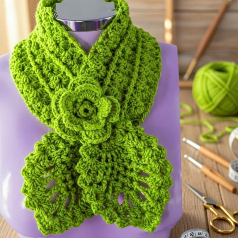 Close-up of the lacy crochet scarf showing stitch texture and pattern details