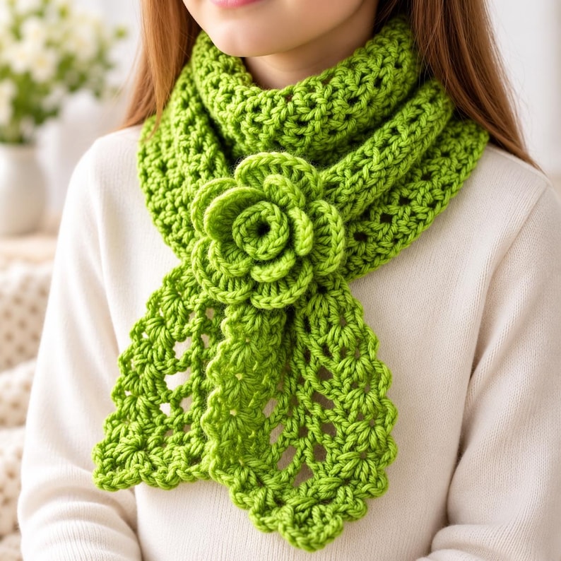 Bright green handmade crochet cowl scarf with a decorative crochet flower, textured neckwarmer, and lacy openwork ends. Boho-style crochet scarf worn over a cream sweater, showcasing an easy crochet cowl PDF pattern for women.