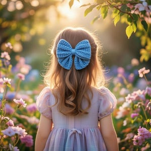 May include: Two handmade crochet bows, one in bright blue, the other in deep red. The bows are made with a textured stitch, giving them a soft, dimensional look. These accessories are ideal for adding a touch of handmade charm to any outfit.