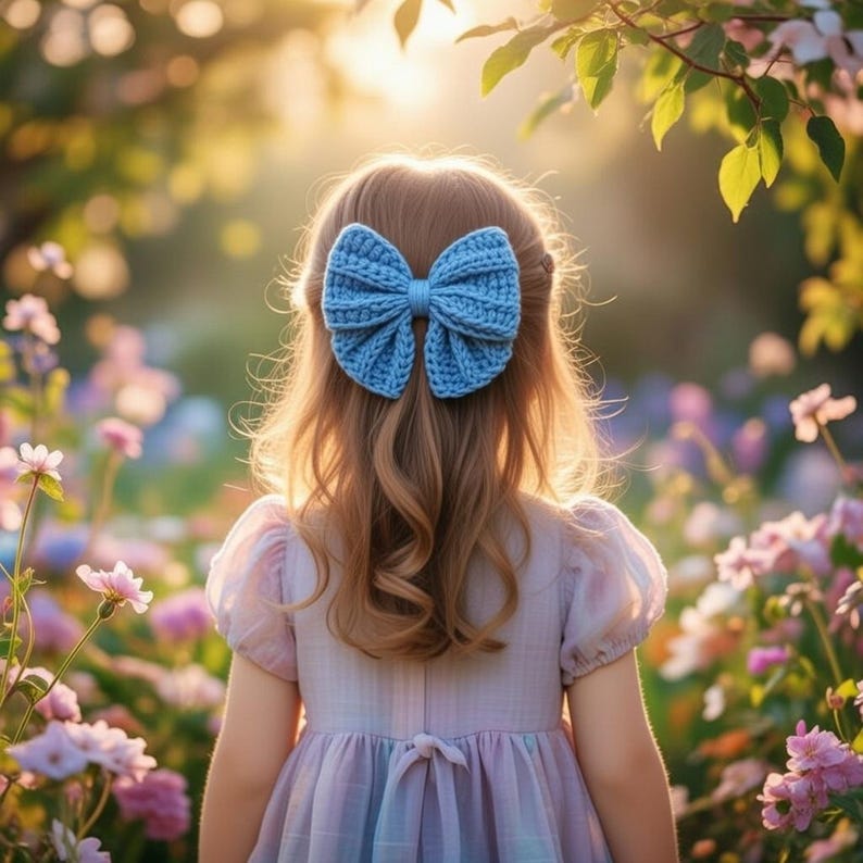 May include: Two handmade crochet bows, one in bright blue, the other in deep red. The bows are made with a textured stitch, giving them a soft, dimensional look. These accessories are ideal for adding a touch of handmade charm to any outfit.