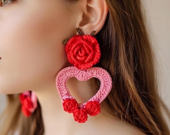Crochet Heart Flower Earrings Pattern – Easy Crochet Jewelry PDF + Video Tutorial, Crochet Flower Earring Pattern, DIY Crochet Earrings