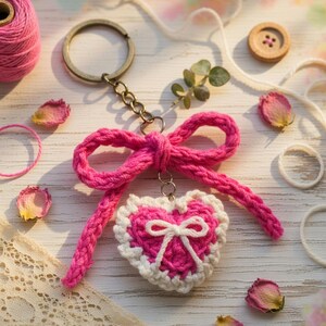 Crochet Heart & Bow Keychain Pattern PDF + Video Tutorial | Amigurumi DIY | Bag Charm Accessory