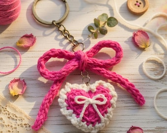 Crochet Heart & Bow Keychain Pattern PDF + Video Tutorial | Amigurumi DIY | Bag Charm Accessory