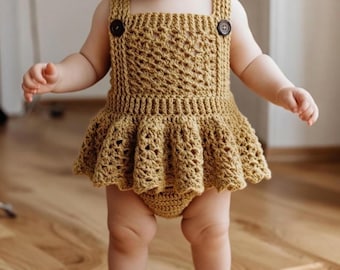 Patrón de pelele de ganchillo para bebé de 6 a 12 meses, PDF + videotutorial, conjunto para niña, mono de ganchillo, patrón de vestido para bebé