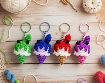 Wzór na szydełkowy brelok z lodami: Amigurumi PDF + samouczek wideo, uroczy brelok do torebki DIY, ręcznie robiony prezent, projekt dla początkujących