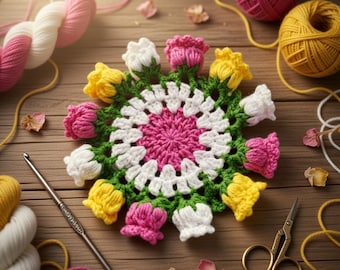 Lotus Coaster Crochet PDF Pattern, No-sew Crochet Pattern, Lotus