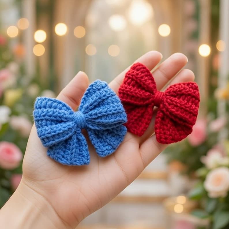 May include: Three handmade crochet bows. Two are a bright blue, and one is a deep red. The bows are displayed on a light wood-grain surface. One blue bow is held by a person's hands.