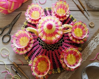 Amigurumi Tea Set, Tea Party Pattern, Crochet Tea Set, Crochet Food Pattern, Crochet Tea Party, crochet play food, crochet tea toy pattern